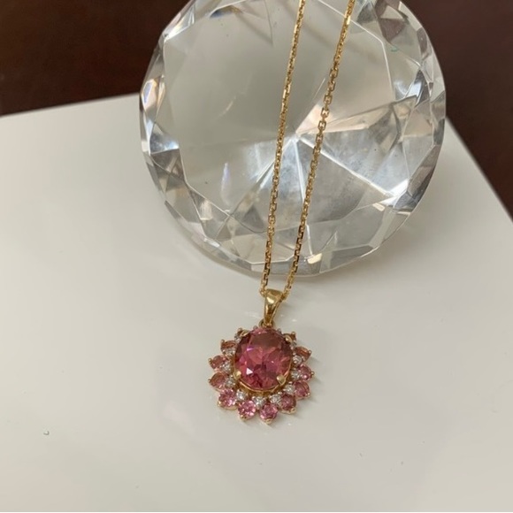 Pink Tourmaline & Diamond 14K YG SUNBURST Pendant w/ 18” Chain - Picture 10 of 10